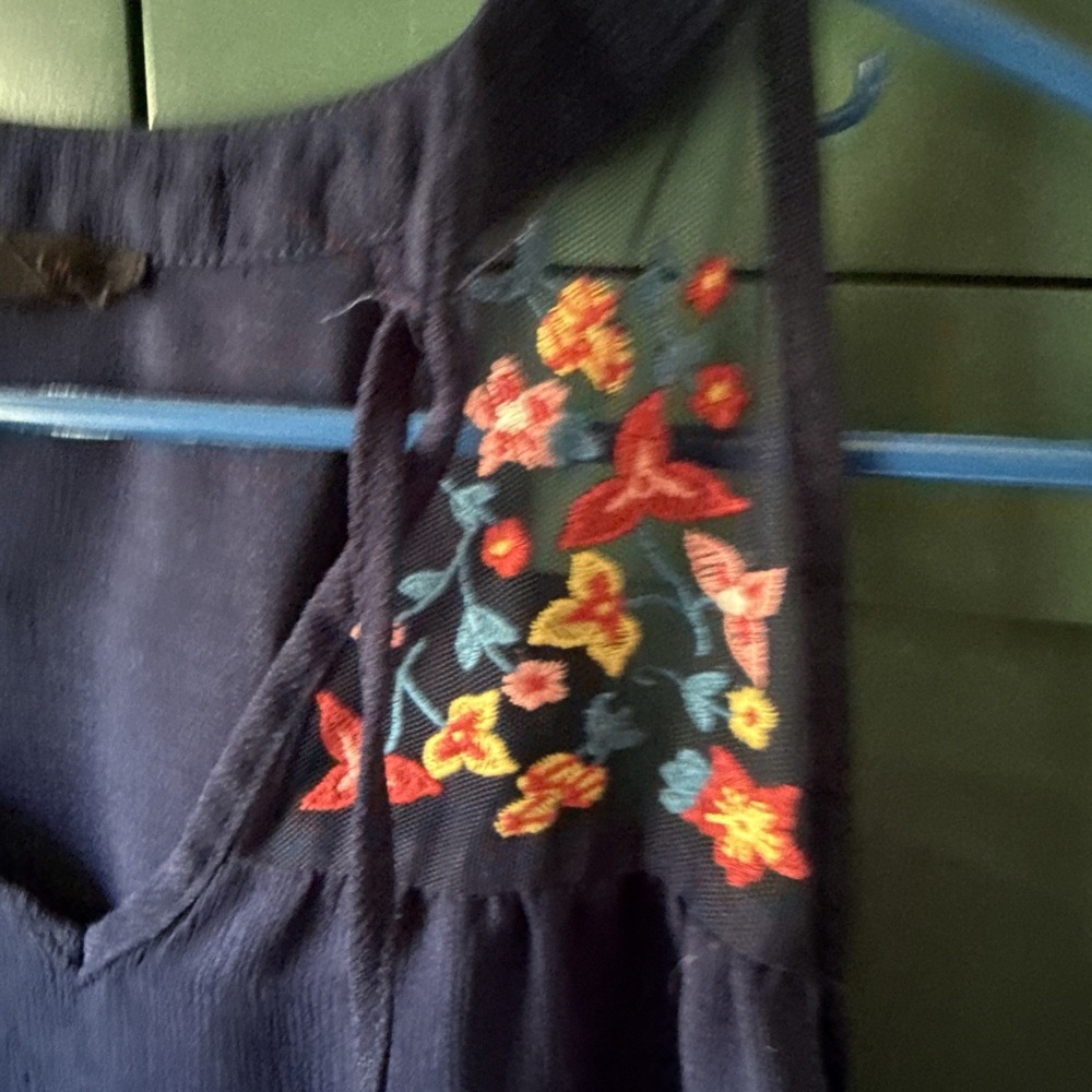 Flower Stitched Dark Blue Tank Size S Whimsical Romantic Dreamy Flirty - Picture 2 of 5